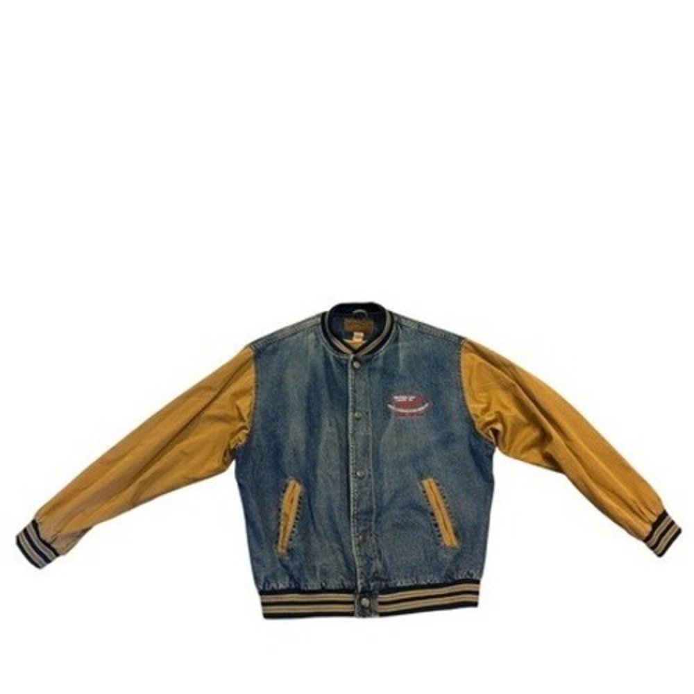 Vtg Denim Bomber chore Jacket Mustard Sleeves 90s varsity jacket coat brown XL
